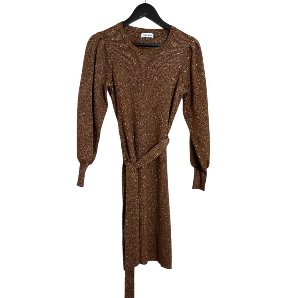 Calvin Klein Bronze Metallic Knit Tie Waist Puff Sleeve Sweater Dress Size Small